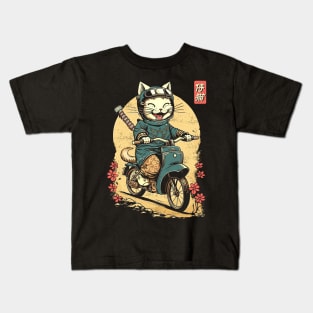 Japanese Samurai Cat on Motorcycle Kawaii Ninja Cat Kids T-Shirt